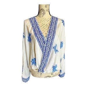 Nwt Boho China Print Loose Fitting Wrap Long Sleeve V-Neck Bohemian Blouse S